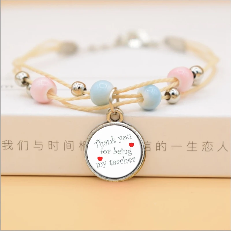

Cute Thank You Teacher Glass Charm Bracelet Fashion Colorful Ceramic Beads Bracelets Jewelry Love Gifts For Teachers Day Gift