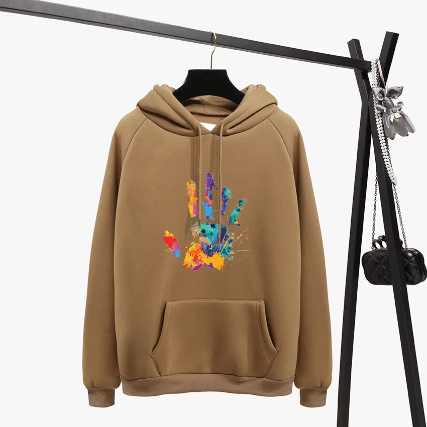 

Harajuku Double Layer Cap Female Pullover Winter Fleece Women Hoodies sweatshirt Printing Color Handprint