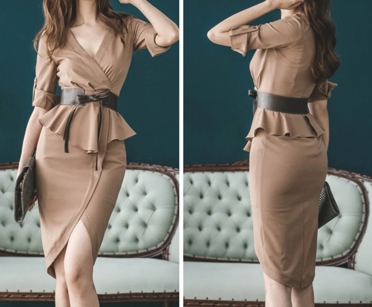 

BacklakeGirls Khaki Solid Color Korean Chiffon Cocktail Dress Women 2020 Sweet Half Sleeve Ladies Fake Two Pieces Office Dresses