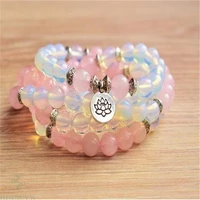 8mm pink crystal opal 108 bead lotus pendant bracelet lucky wrist buddhism classic yoga fancy cuff elegant chakra
