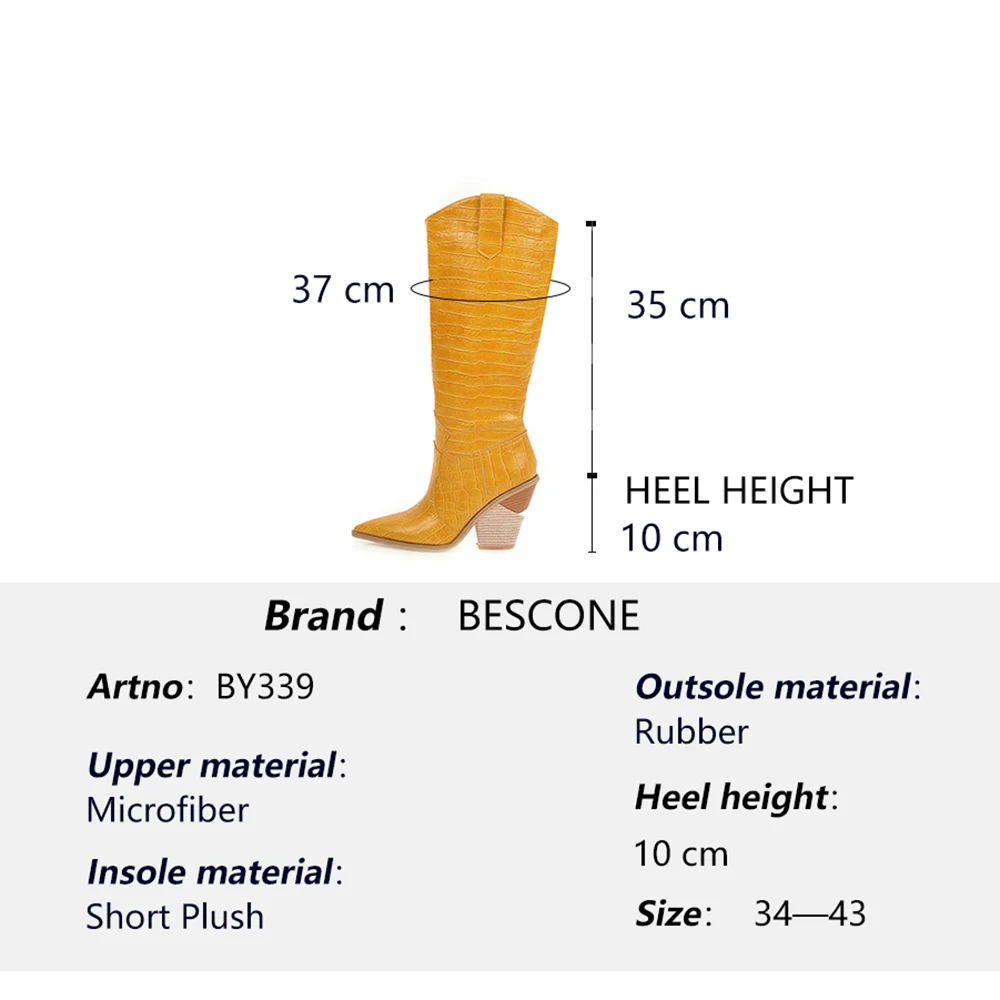 

BESCONE Winter Ladies Knee-High Boots Sexy Pointed Toe Yellow Microfiber Square Heel Shoes Women Handmade Big Size Boots BM339