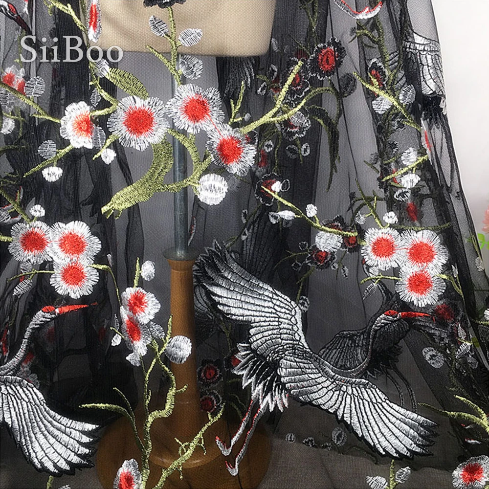 Элегантная сетчатая кружевная ткань с цветочной вышивкой журавля для свадебного