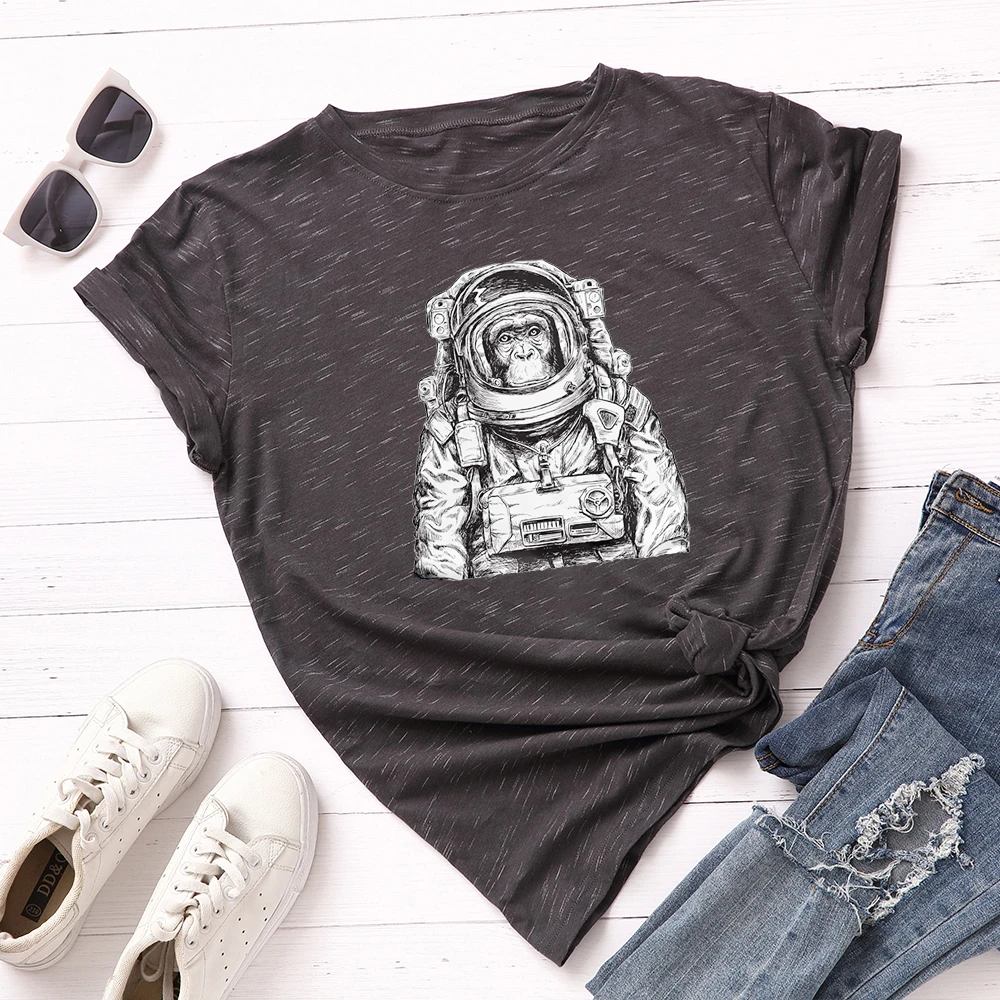 

Women Short Sleeve Cotton T-Shirts Graphic Tees Summer Tee Tops for Female Loose Casual Oversized Clothes Orangutan Astronaut