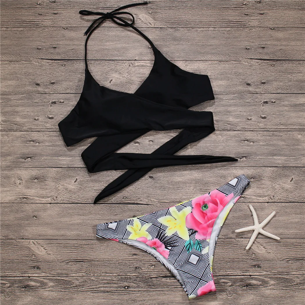 

Bikini 2019 Cross Print Female Swimwear Women Swimsuit Sexy Brazilian Bikini Set Halter Bathing Suits Bandage Beach Wear Biquini