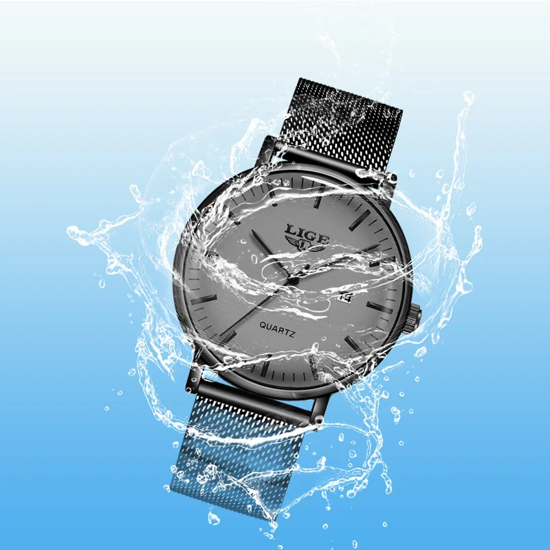 Новинка серые наручные часы LIGE из нержавеющей стали высокое качество