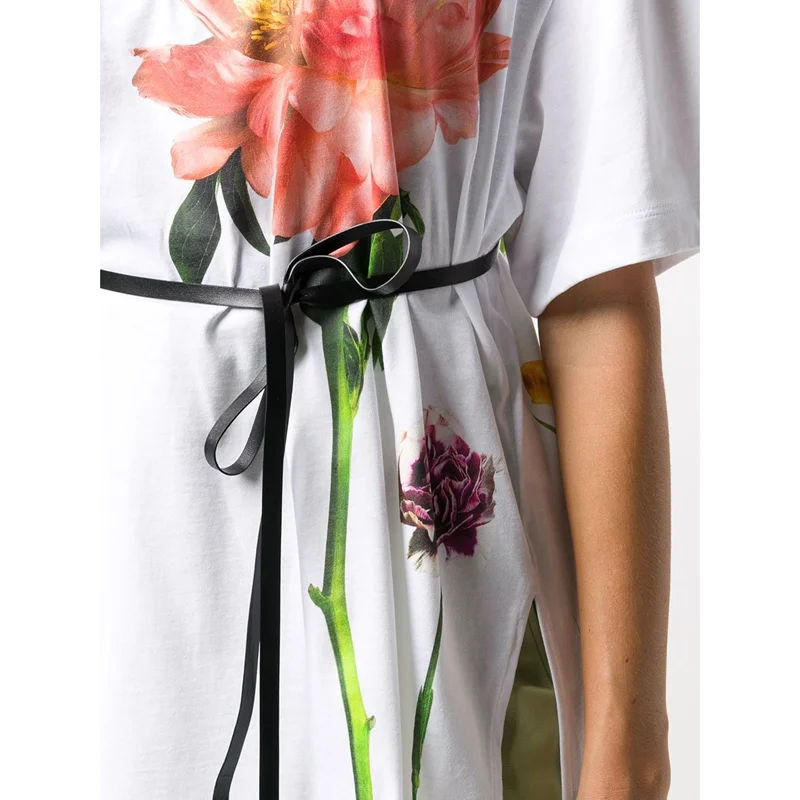 

2021 Summer New Floral Printed Short Sleeve T-Shirt Women's Lace-up Design Pure Cotton Loose Mid-length Top Brand Clothing XL