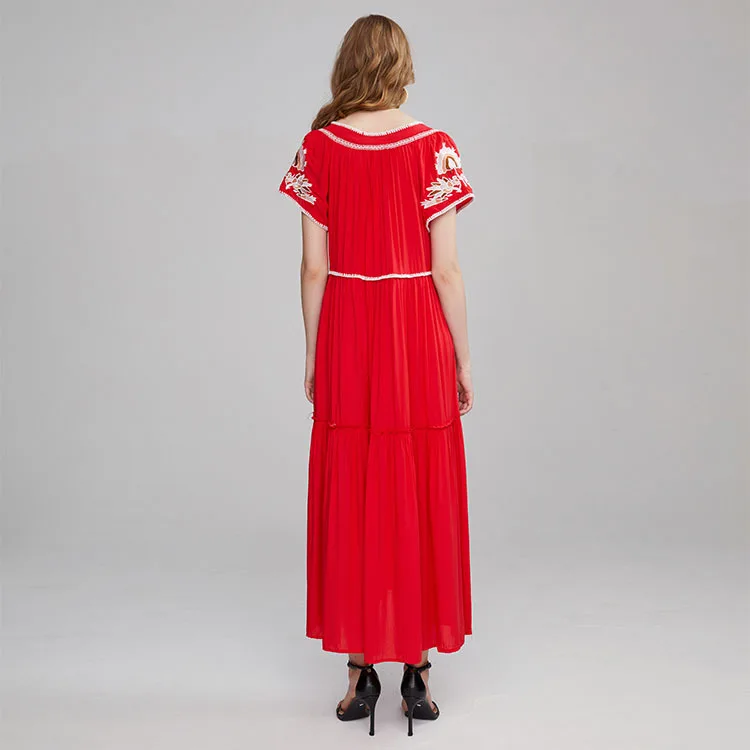 

2020 New Summer Maxi Women Dresses V Neck Beach Boho Style Chic Hippie Embroidery A Line Female Dresses Holiday Vestidos