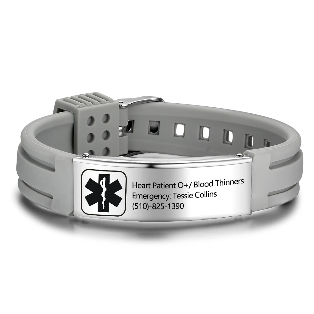 Free Engraving Silicone Adjustable Medical Bracelets Stainless Steel Sports Bracelet Wristband Emergency ID For Unisex | Украшения и