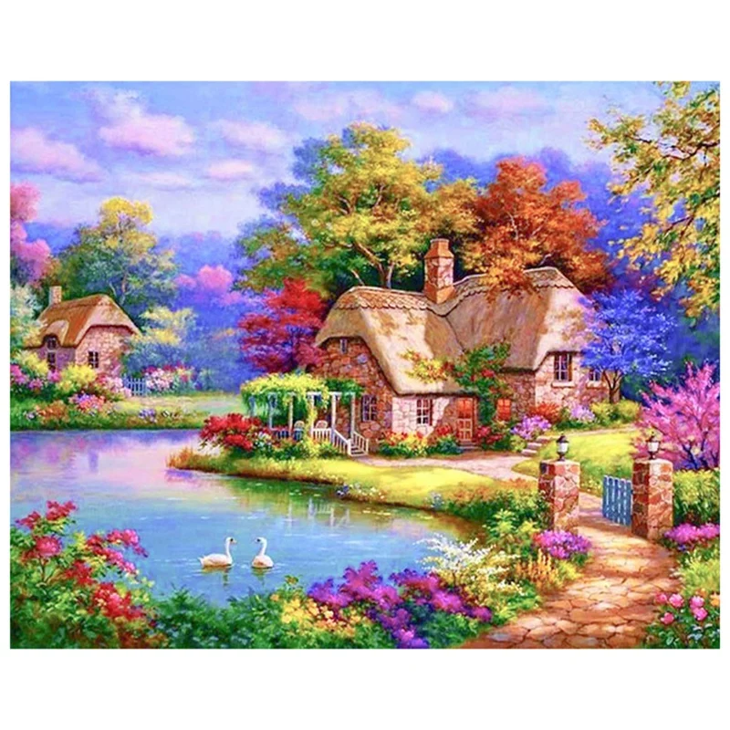 

DIY Diamond Painting Diamond Cottage Scenery Embroidery Round Resin Diamond Cross Stitch Home Wall Decor 30X40cm