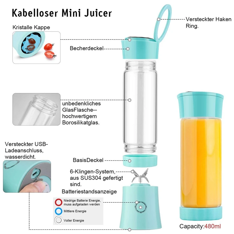 

Portable Blender,USB Rechargeable Mini Juicer Cup with Handle, Smoothie Blender with 6 Blades with 4000MAh Batteries, 480Ml Hous