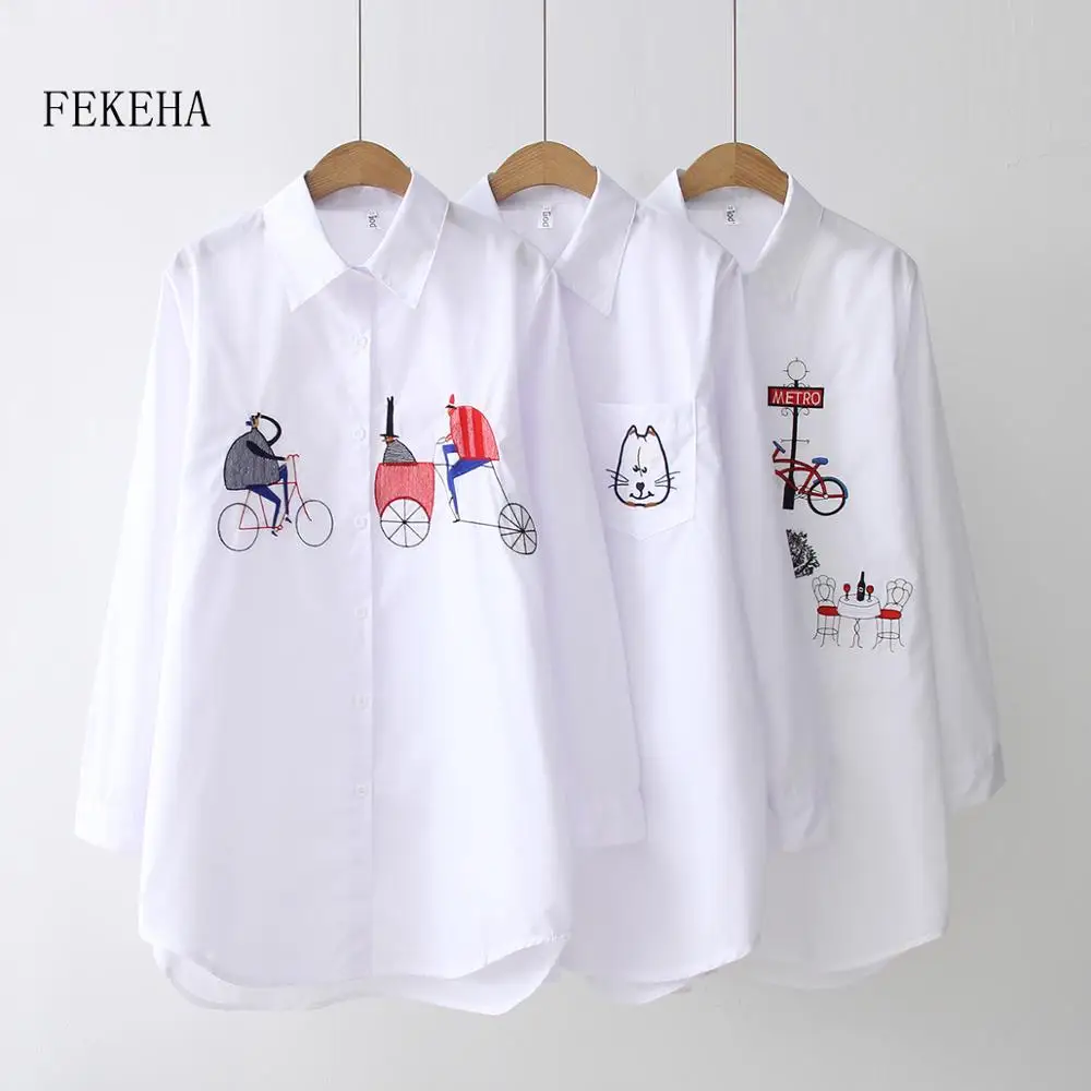 

Cartoon Embroidery White Shirt Women Casual Student Wear Button Up Long Sleeve Loose Cotton Blouse Feminina