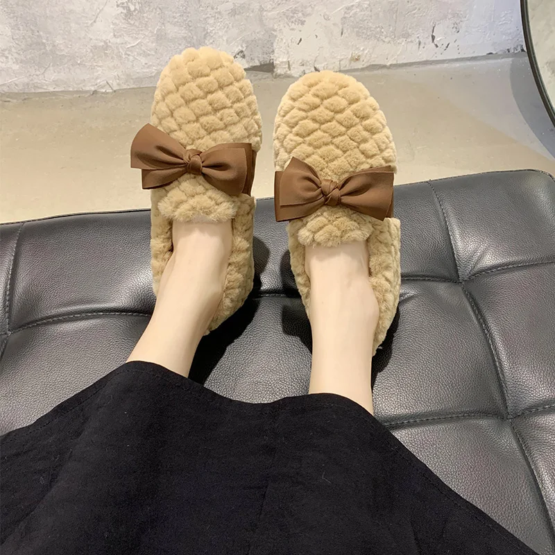

Shoes Woman Flats Autumn Bow-Knot Loafers Fur All-Match Casual Female Sneakers Round Toe Dress Boat Winter Moccasin Fall Butterf