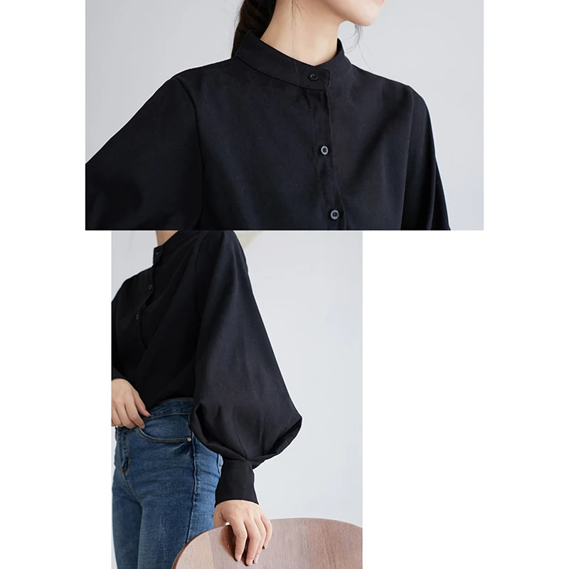 

Big Lantern Sleeve Blouse Women Autumn Winter Single Breasted Stand Collar Shirts Office Work Blouse Solid Vintage Blouse Shirts