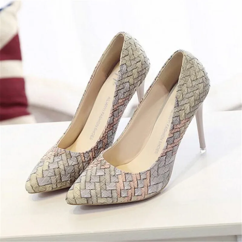 

Tide Shallow High Heel Stiletto woMen Shoes Casual Ladies Professional Work Shoes Pointed Woven Pattern Shallow Mouth Shoes