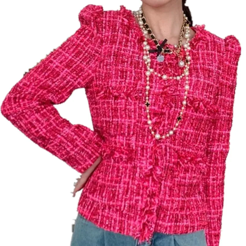 

French style autumn tweed wool jacket women o-neck slim small fragrance elegant tassel short outwear