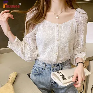 Женский кружевной топ, Белый однобортный Топ с длинным рукавом, на пуговицах, в стиле преппи, на осень 2020