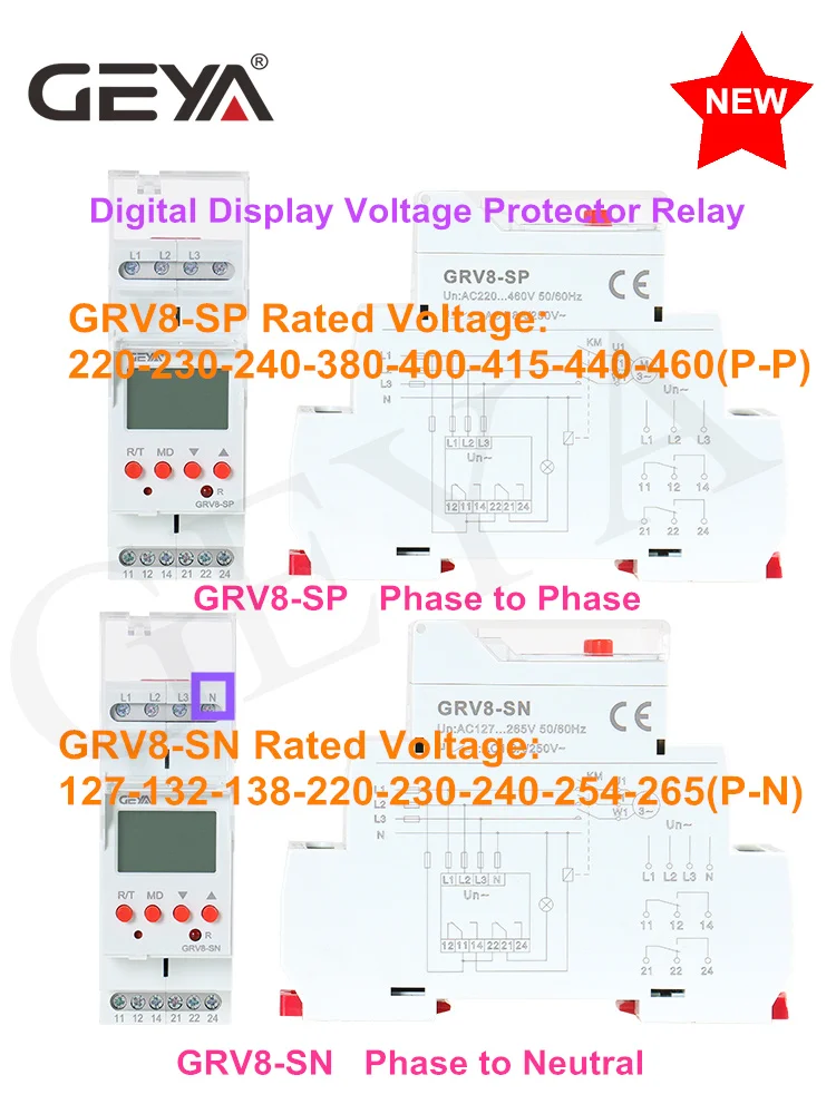 

GEYA GRV8-SN/SP Over Voltage Under Voltage Protector Device with LCD Digital Display Voltage Relay 8A 70V-650V