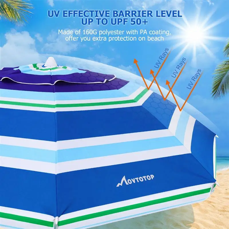 Пляжный зонт MOVTOTOP в полоску с алюминиевым каркасом защита от УФ лучей