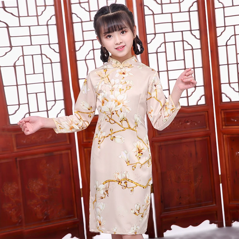 Long Sleeve Peony Chinese Traditional Dress Girls Cheongsam Qipao Style Cute Baby | Детская одежда и обувь