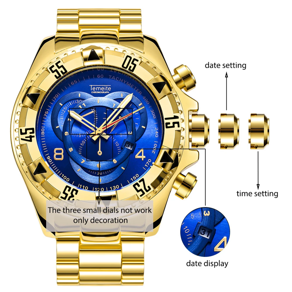 Montre à Quartz pour hommes, Date automatique, grand cadran 52mm, étanche, en acier, chronographe lumineux, horloges