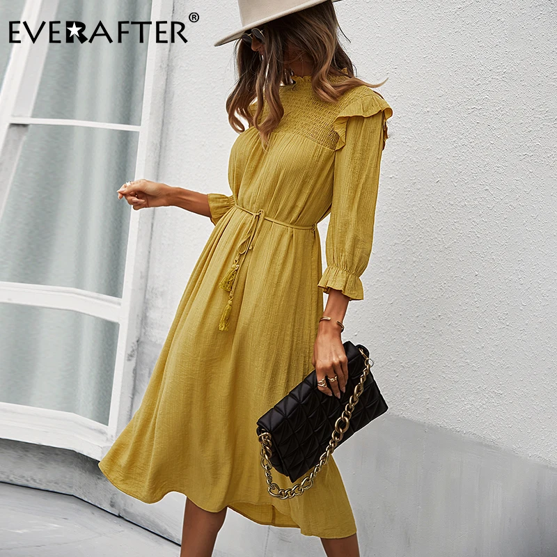 

Женское офисное платье EVERAFTER, однотонное платье на весну и лето, повседневное длинное платье на шнуровке, желтое Модное Элегантное притален...