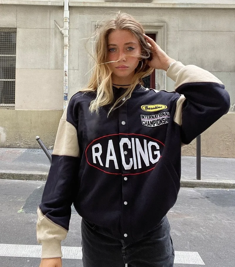 

Vintage Black Baseball Uniform Printed Oversized Jackets Women Men Long Sleeve Bomber Jacket Women Streetwear Casual Autumn Tops