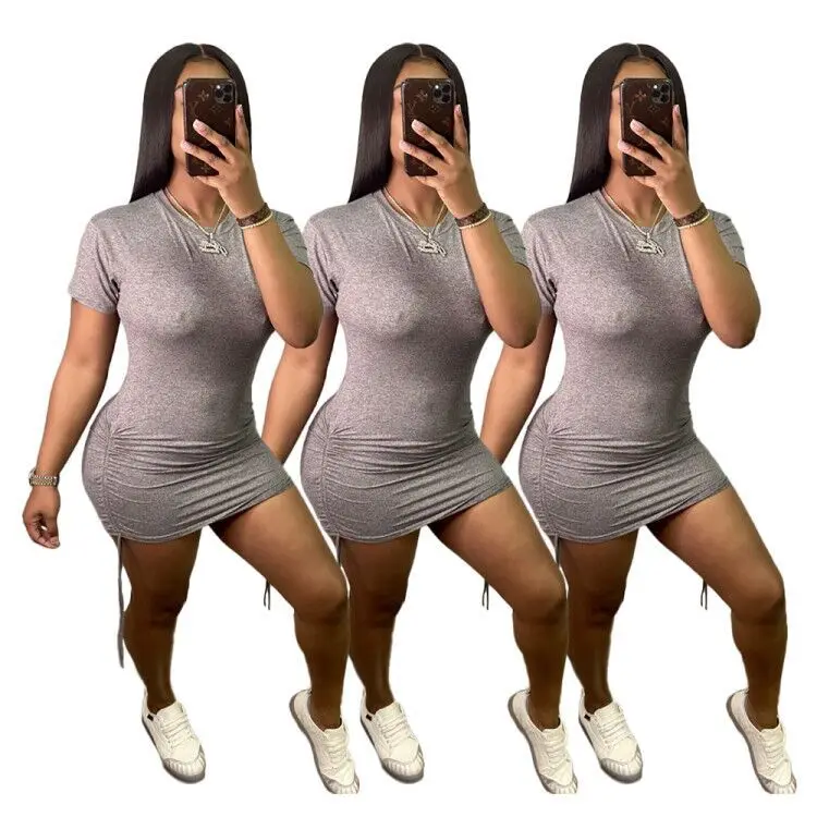 

2021 Spring Summer Solid Sexy Lady Short Sleeves Mini Dresses with Draw String Solid Nightclub Bodycon Dress Nightclub 3 Colors