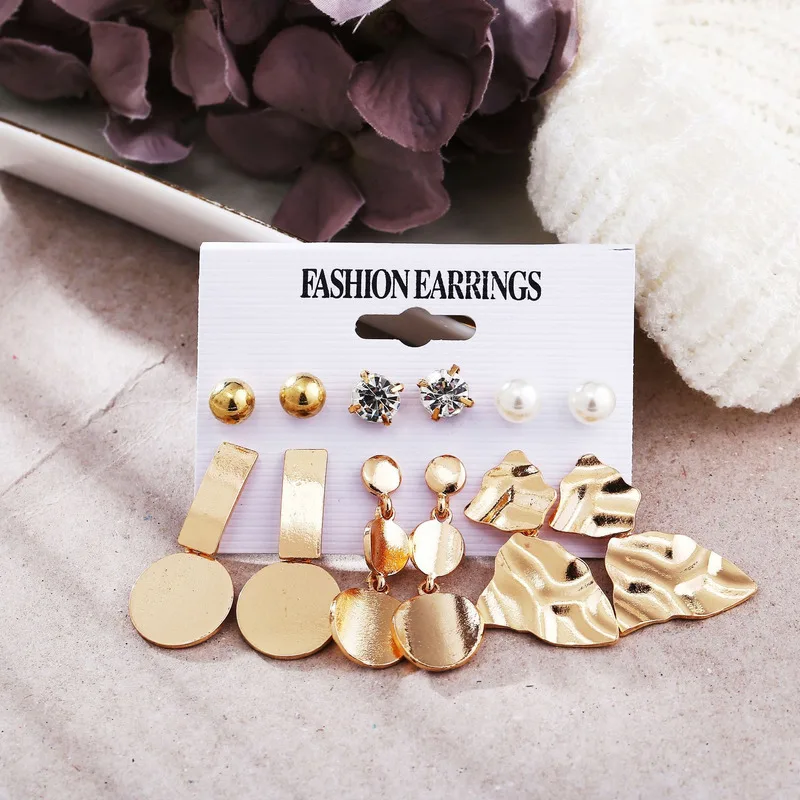 

6 pcs/set Fashion Creative metal element round irregular earrings geometric golden earrings 6-piece set pearl earring for women