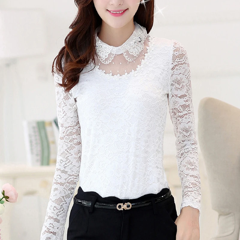Womens tops and blouses 2020 lace blouse women black shirts Diamonds Solid Peter pan Collar plus size blusas 7144 50 |
