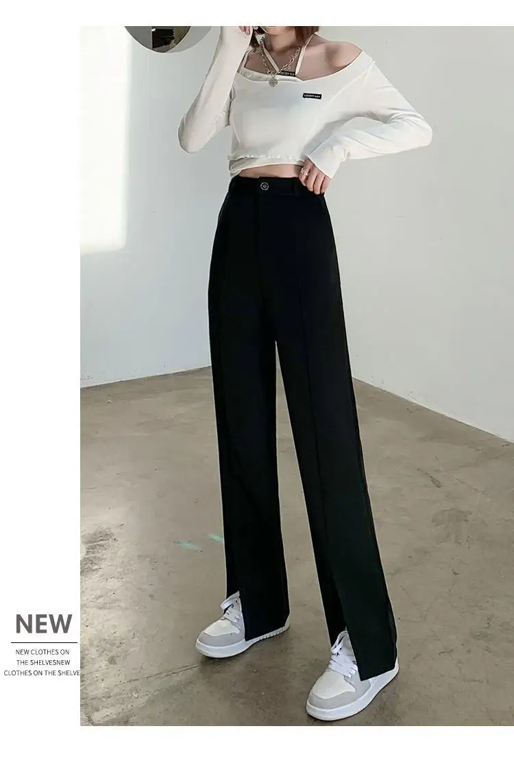 

Front Slit Black Pants for Women Drape High Waist Thin Wide-leg Straight Leg Loose Trousers 2021 Spring and Summer Women Pants