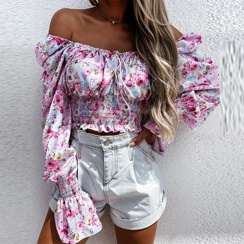 

Sexy Backless Women Floral Print Hollow Out Tops Summer Elastic Waist Short Ruffles Blouse Female Slim Long Sleeve Shirt Blusa