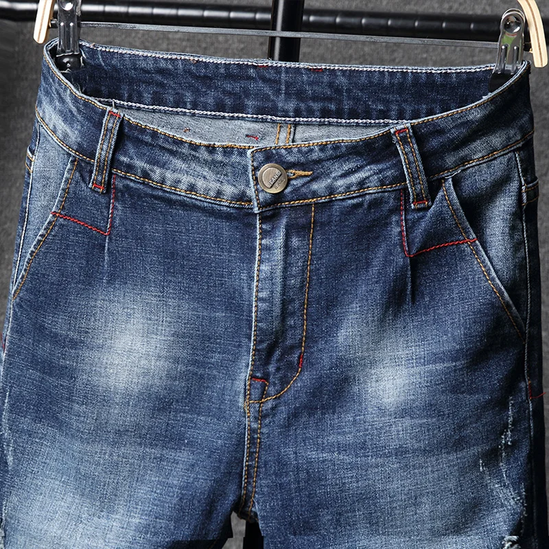 Новые мужские рваные Стрейчевые облегающие Простые повседневные джинсы Уличная