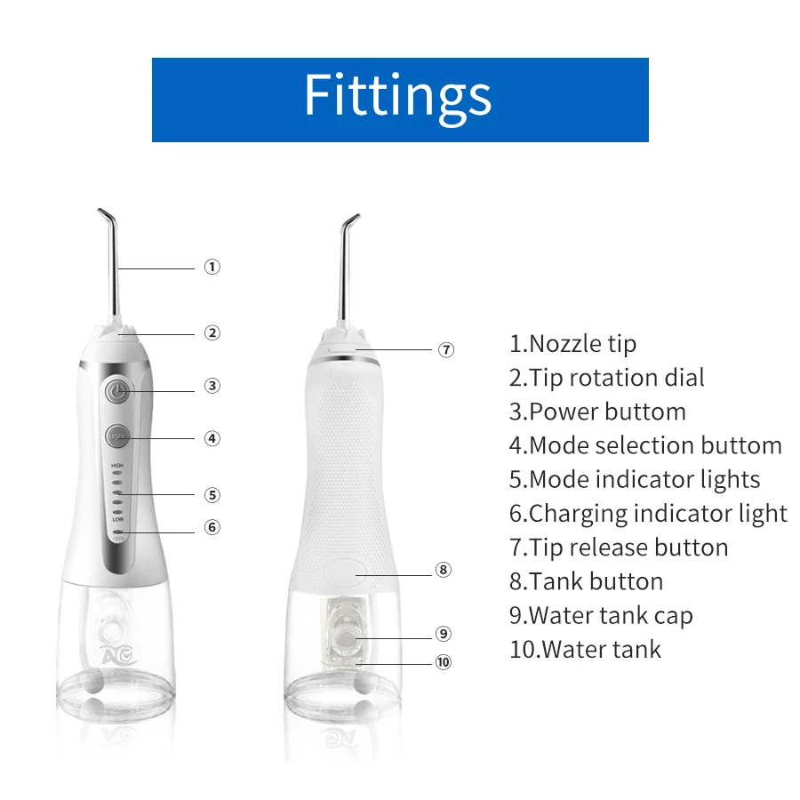 

AG water flosser Dental Water Jet 300ML IPX7 Waterproof Teeth Cleaner+5 Jet portable 5 Modes Oral Irrigator usb rechargeable