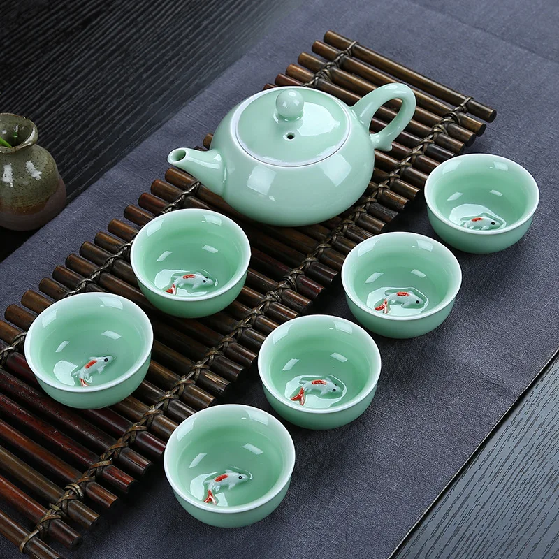 

Chinese Travel Kung Fu 7pcs Tea Sets Ceramic Portable Porcelain Service Gaiwan Carp Tea Cups Tea Ceremony Teapot Gift Box