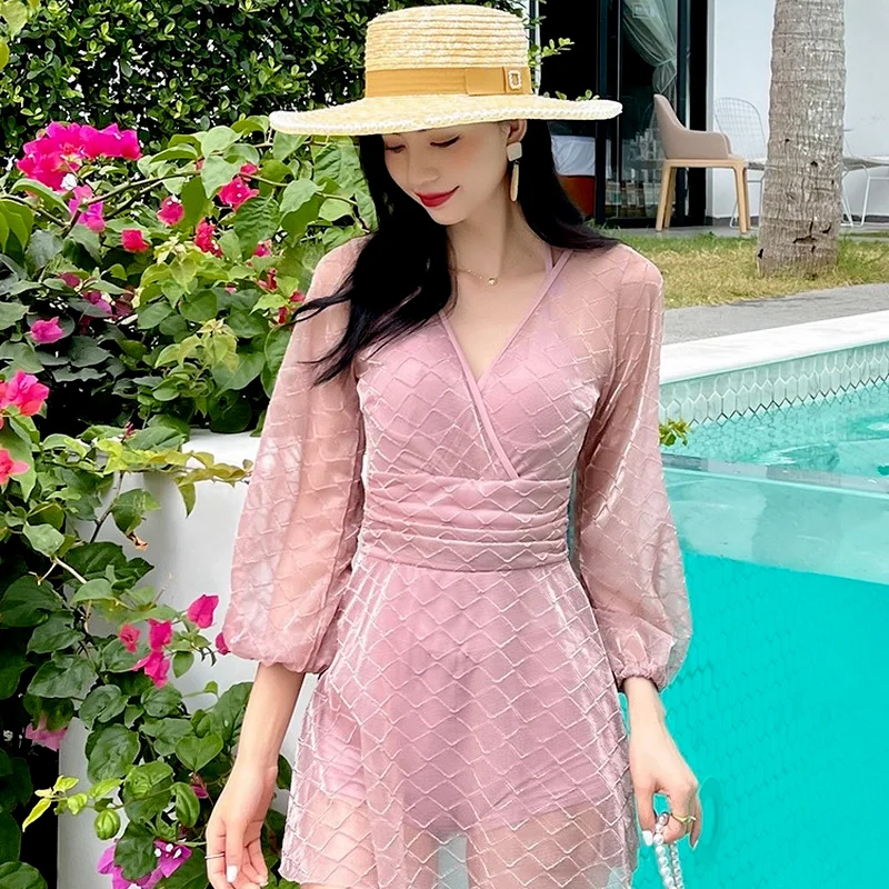 

2021 New One-piece Swimsuit Small Chest Gathered Conservative INS Style Thin Cover Belly Hot Spring Swimsuit Women