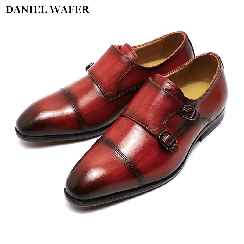 Zapatos de vestir de piel aut&eacute;ntica para ni&ntilde;os, calzado de alta calidad, Punta puntiaguda, correa de monje, fiesta para ni&ntilde;os, boda, escuela, negro y rojo-5