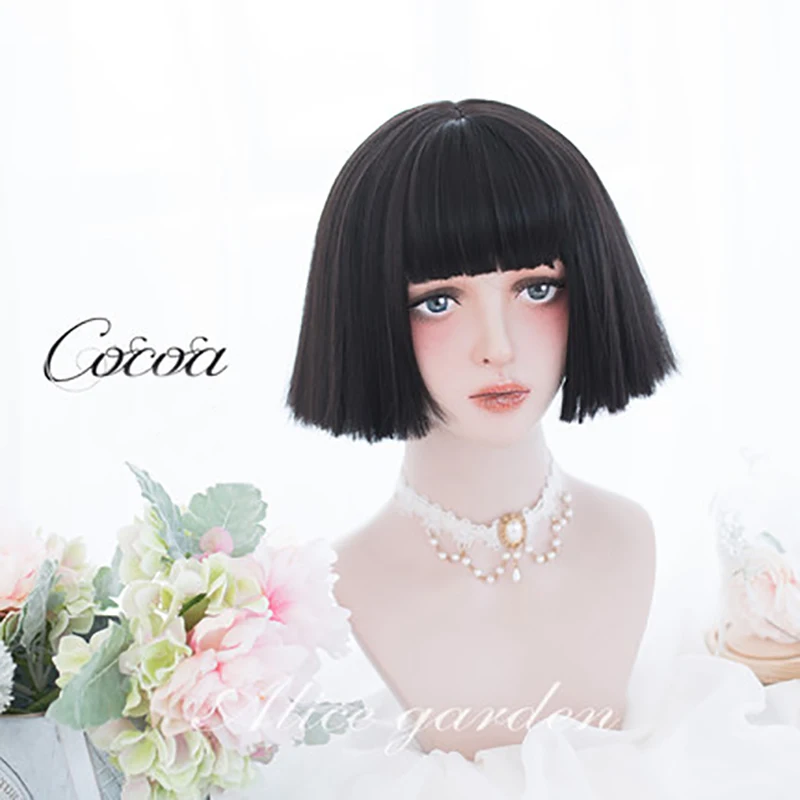 

Lolita Wig Sweety Kawaii Girl's Cosplay Costume Japanese Harajuku Short Black BOBO Daily Synthetic Hair with Free Wig Cap
