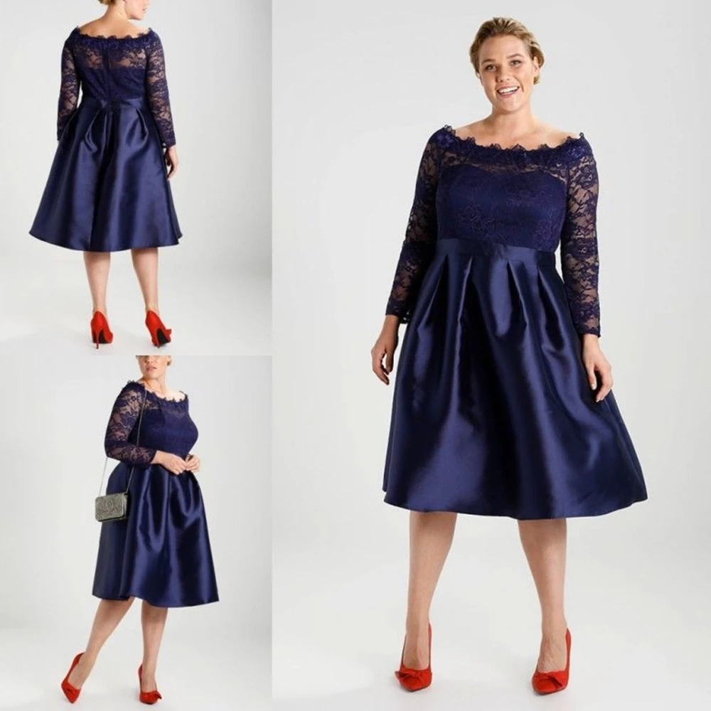 Темно синее платье для матери невесты с длинным рукавом и вырезом лодочкой кружевное атласное вечернее