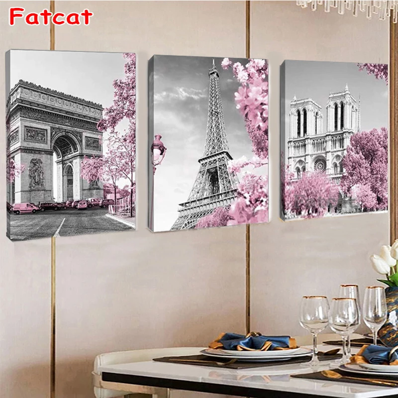 

Full Square Diamond Painting paris tower pink flower city building Embroidery Display Diamond Mosaic Crafts Kit 3 piece PP1038