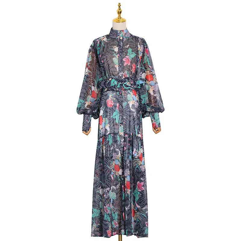 

Winter new fashion temperament elegant lapel printed lantern sleeve hem flounce lace-up long dress