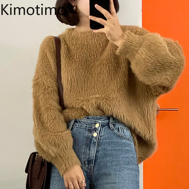 

Kimotimo Women Sweater Korean Chic All-match Lazy O-neck Pullover Autumn Winter Loose Imitation Mink Fur Long-sleeved Knit Tops