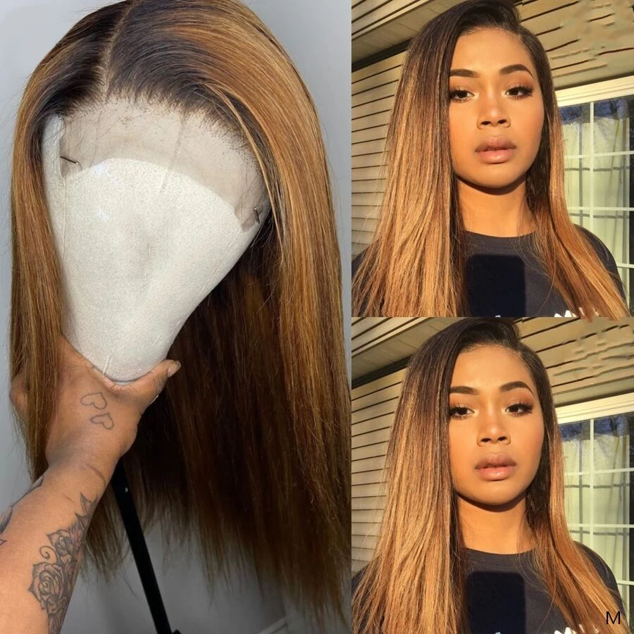 Шелковый прямой 13 × 4 парик из кружева Омбре медовый блонд цветной человеческих