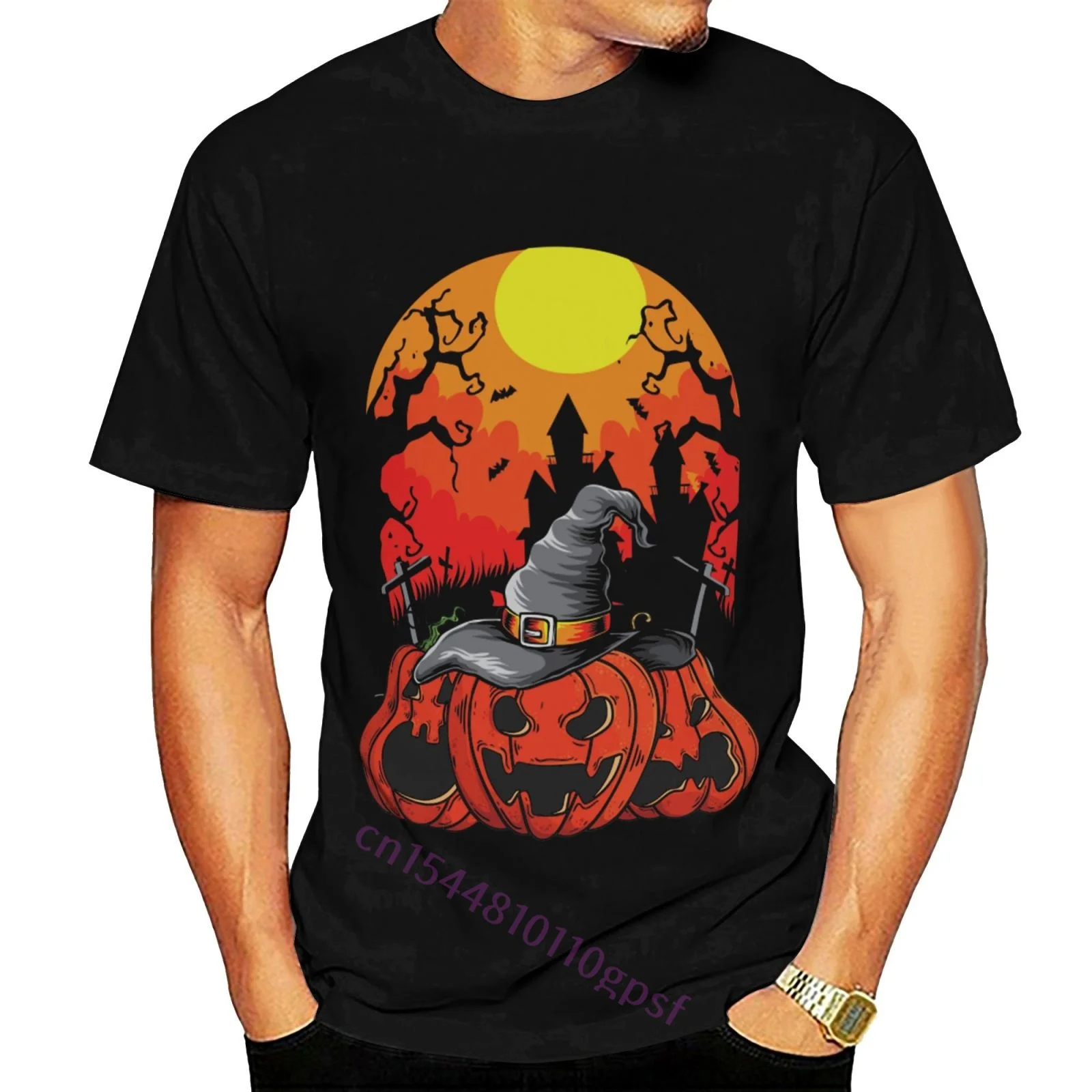

100% Cotton Fashion O Neck Custom Printed Men T Shirt Halloween Pumpkin Spooky - Halloween Black Funny Women T Shirt