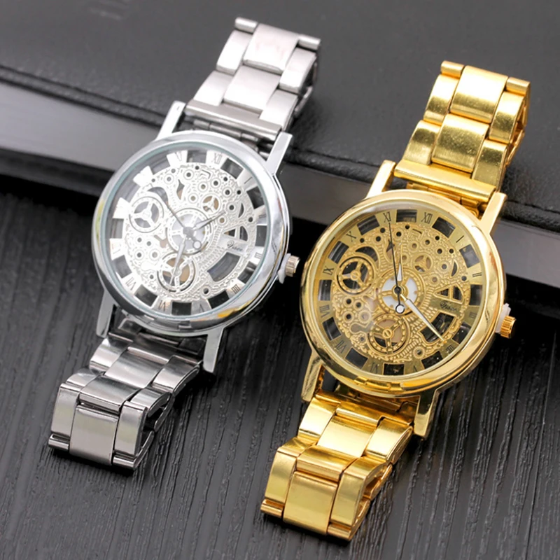 Бизнес Мужские часы повседневные полые стальные кварцевые мужские