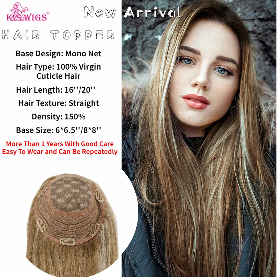 K.S WIGS 16'' 20'' 150% Density Topper Wig Virgin Cuticle Remy Human Hair Breathable Mono Net With Clip In Hair Toupee For Women