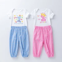 summer girls clothing set twin brother and sister embroidery short sleeve baby romper plaid trousers suit toddler boy clothes