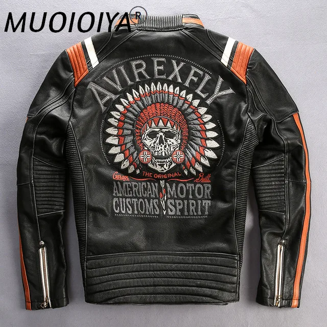 

Мужская винтажная мотоциклетная куртка AVIREXFLY, Черная байкерская куртка из натуральной кожи с вышивкой черепа в стиле панк