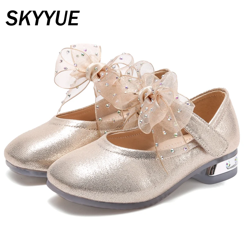 Весна 2020 Детская обувь принцессы с бантом из искусственной кожи на каблуке