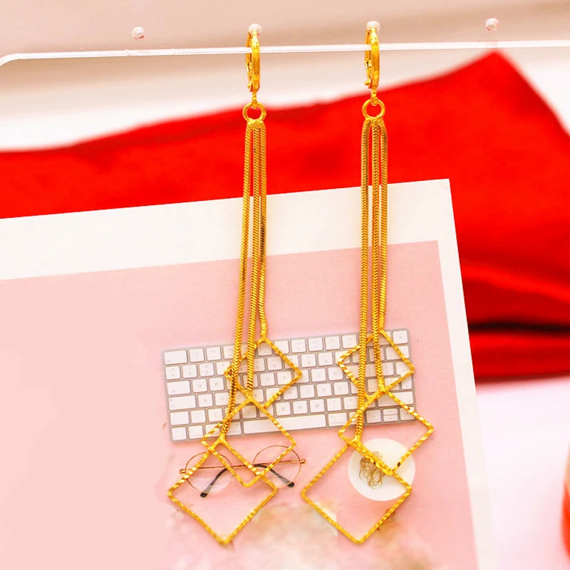 Fashion Statement Earrings 24k gold filled long drop earrings For Women pure color Hanging Dangle wedding Jewelry | Украшения и