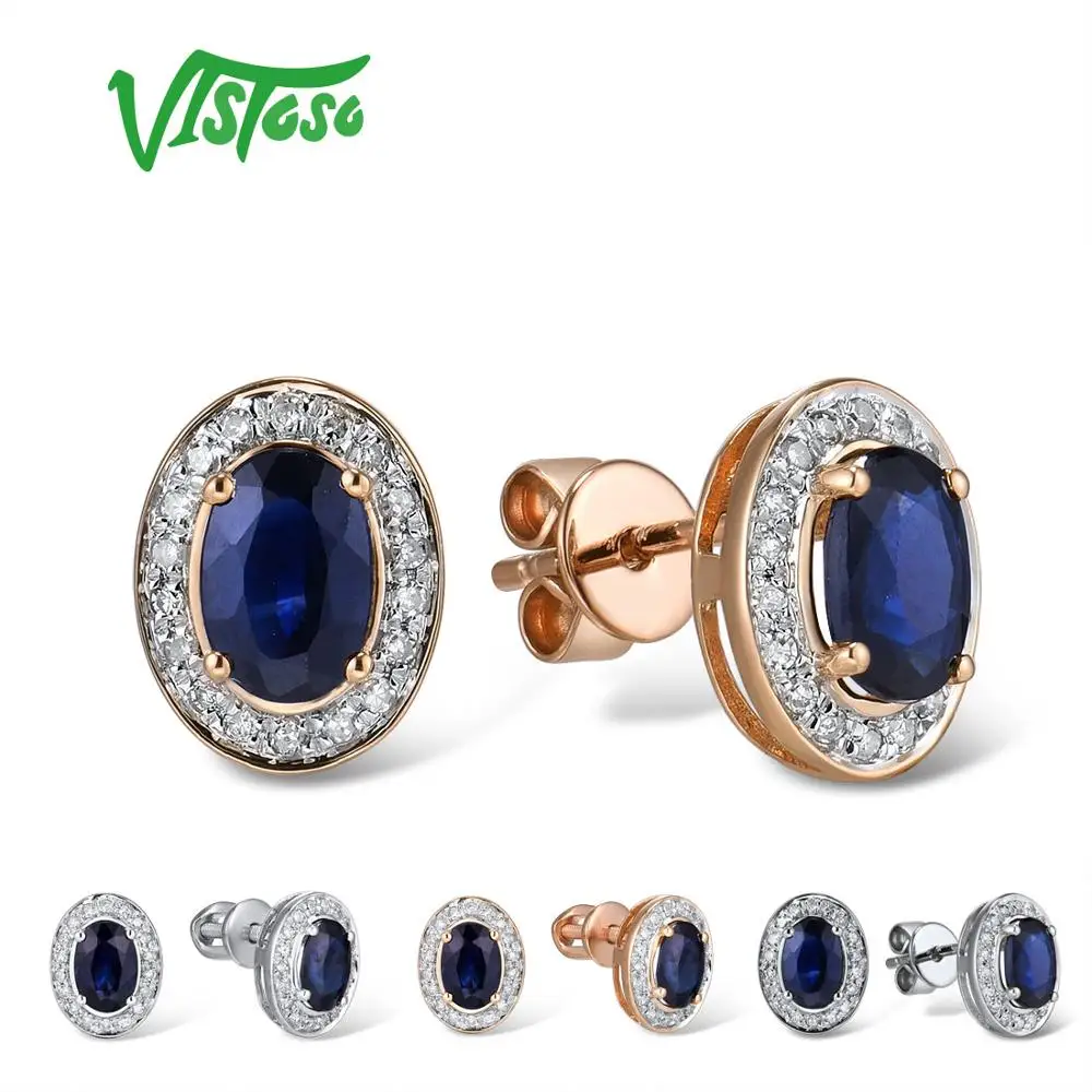 VISTOSO Pure 14K 585 роза/серьги из Белого Золота Шпилька для женщин Элегантный синий сапфир сверкающие бриллианты уникальные модные ювелирные изделия